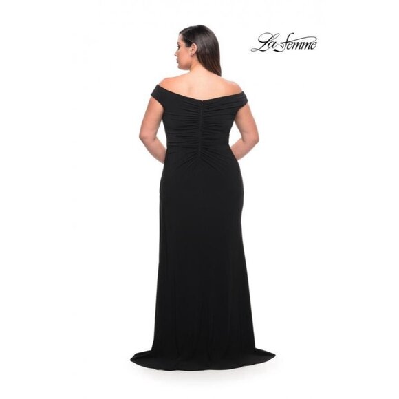 New La Femme Size 14 Black Jersey Off Shoulder Maxi Gown Cocktail Dress 29474 - Picture 3 of 11